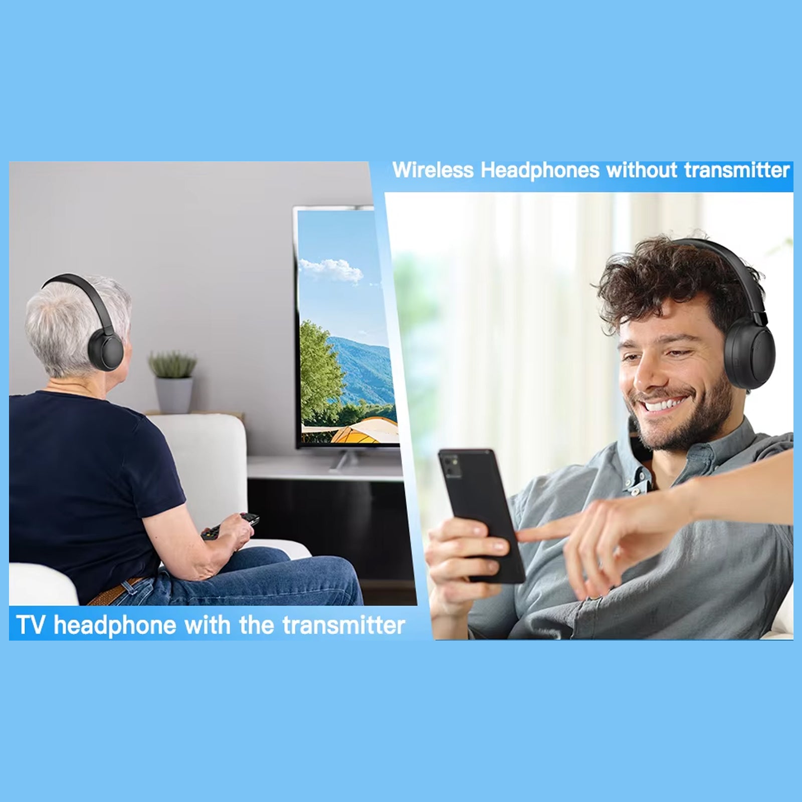 Two people wearing wirreless Sintra TV Headphones with a TV in the background, one using a transmitter and the other without.