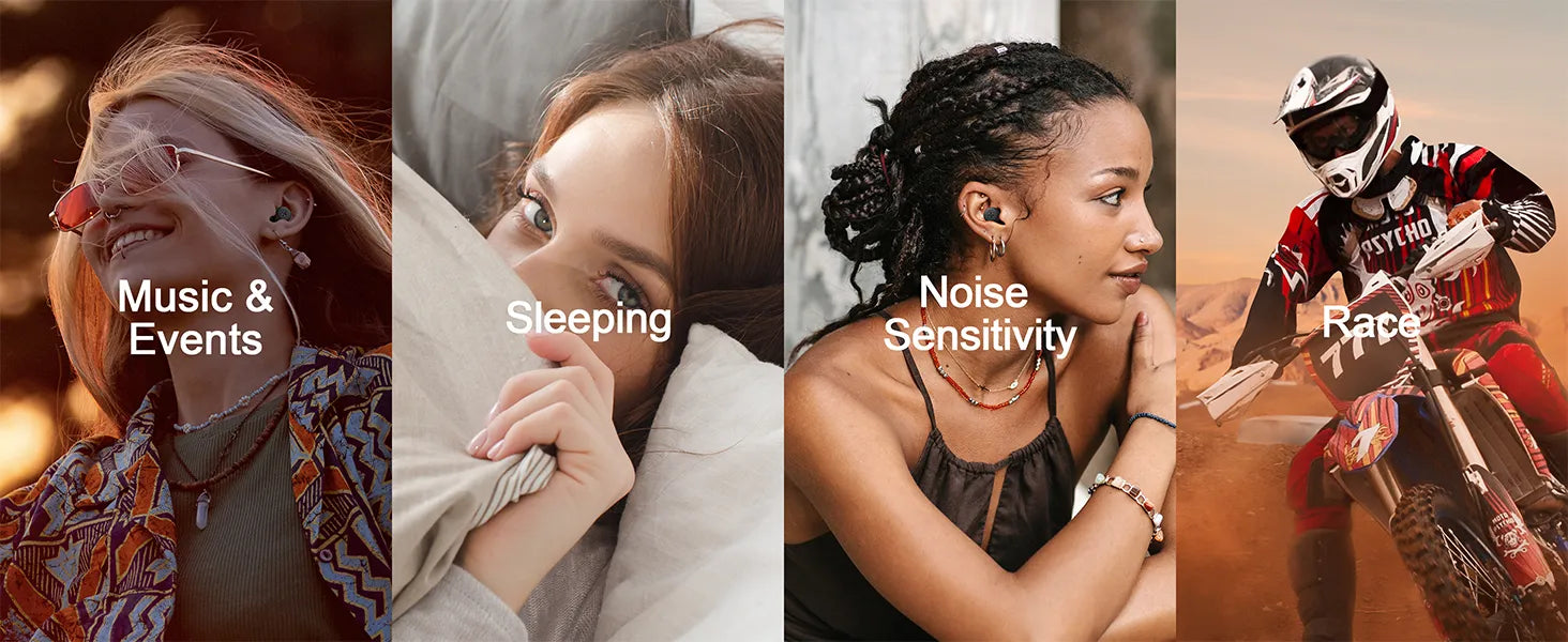 Five different scenarios with text labels: Music & Events, Sleeping, Noise Sensitivity, Race.
