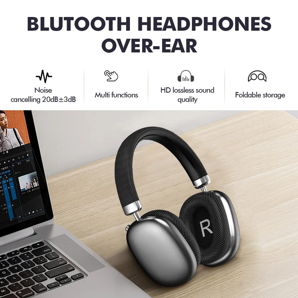 Over-ear Bluetooth Sintra Noise Cancelling Headphones on a desk with laptop, text highlighting features.