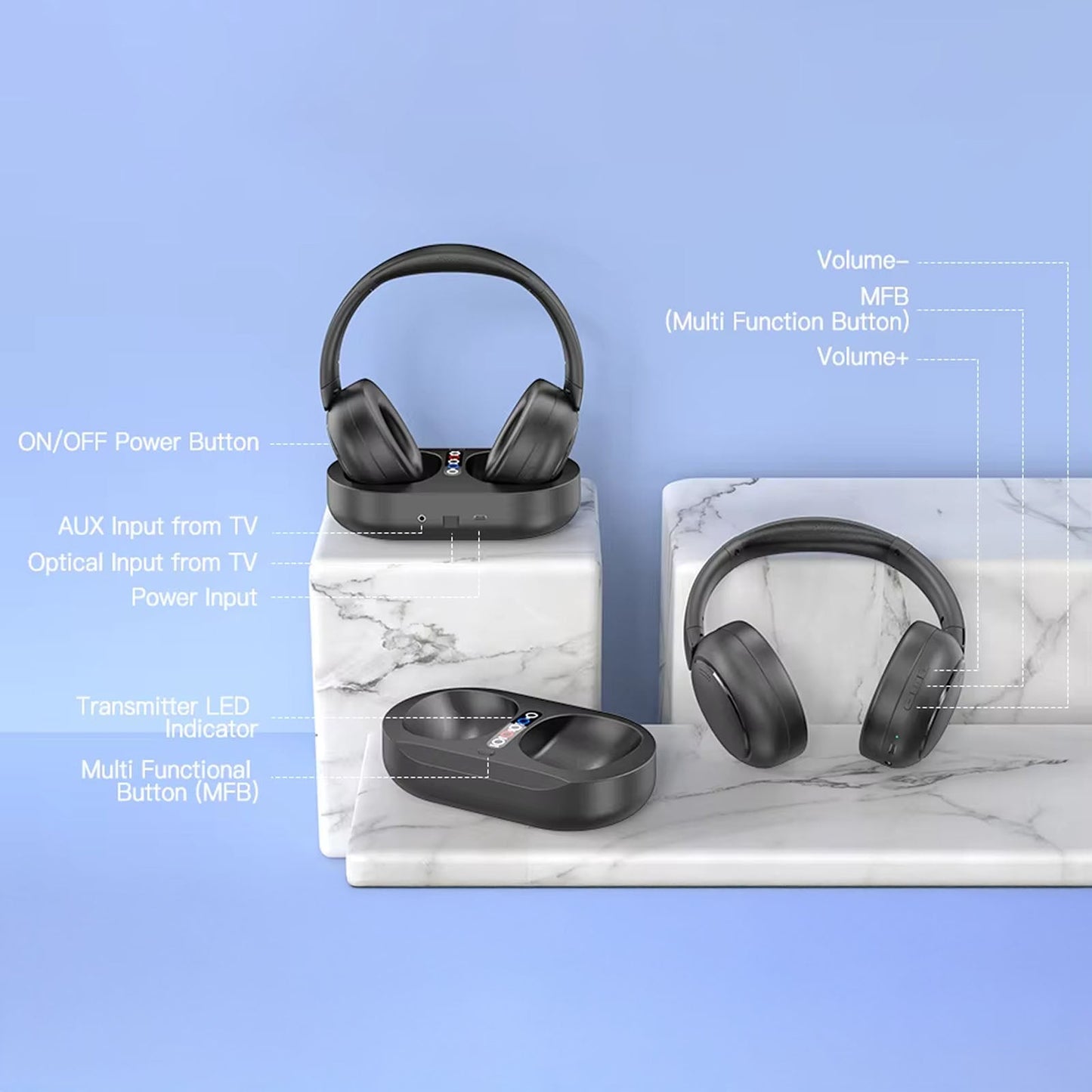 Black Sintra TV Headphones with control unit on a marble base against a blue background
