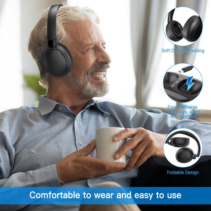 Man wearing black Sintra TV Headphones, holding a mug, with product features highlighted.