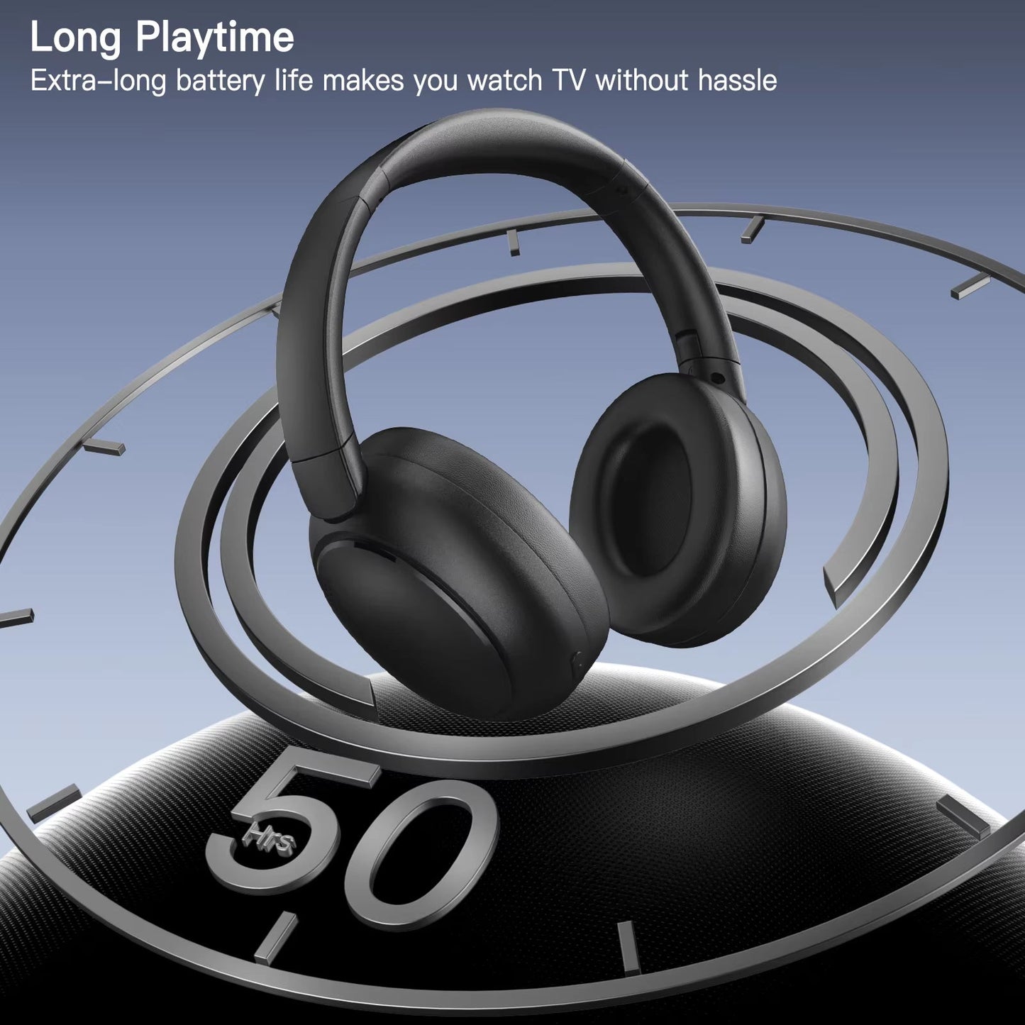 Black Sintra TV Headphones on a circular timer with '50' indicating long playtime, against a blue gradient background.