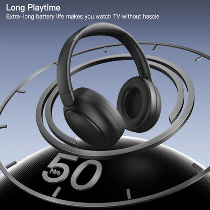 Black Sintra TV Headphones on a circular timer with '50' indicating long playtime, against a blue gradient background.