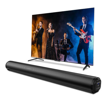Sintra Wireless Soundbar TV displaying a band performance with a black soundbar in front.