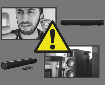 Sintra Wireless Soundbar with a man on a video call and a warning sign.