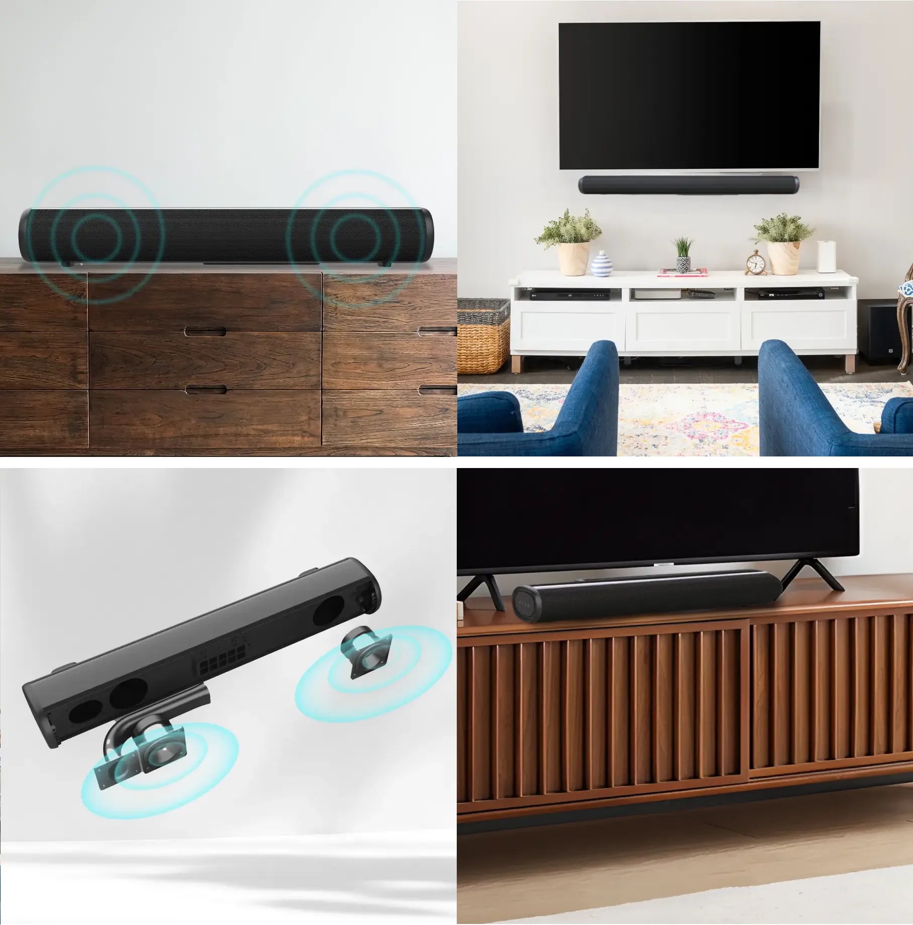 Sintra Wireless Soundbar on a wooden cabinet with a TV setup in a living room.