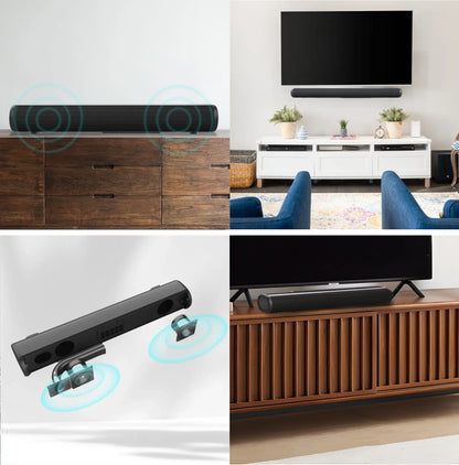 Sintra Wireless Soundbar on a wooden cabinet with a TV setup in a living room.