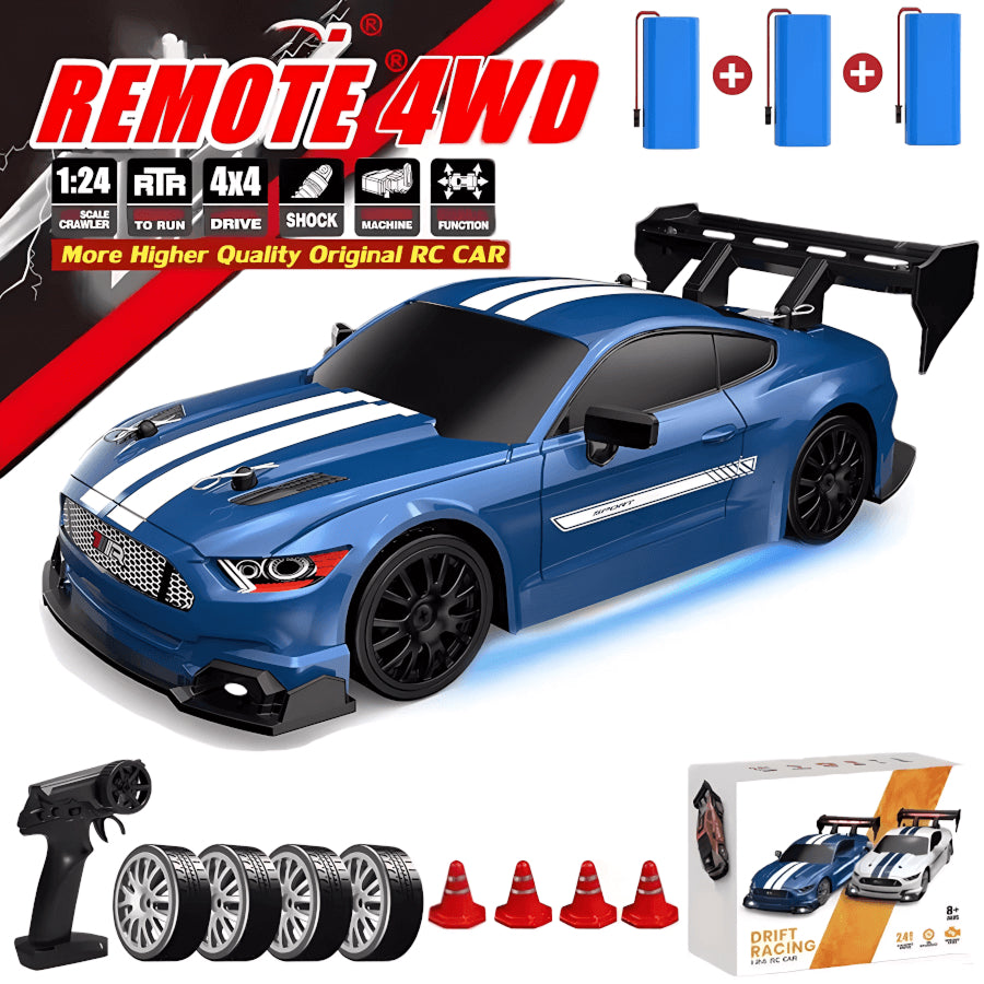 Blue SkidFlux RC Drift Car with remote control, batteries, and accessories on a white background