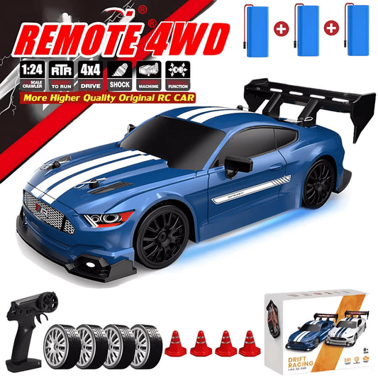 Blue SkidFlux RC Drift Car with remote control, batteries, and accessories on a white background