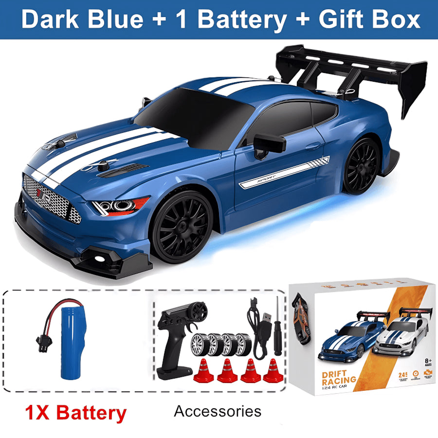 Blue SkidFlux RC Drift Car with remote control, battery, and accessories on a white background