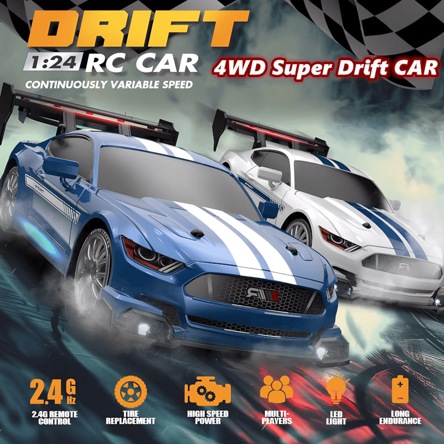 Promotional image of a blue and SkidFlux RC Drift Car with text highlighting features on a checkered background.