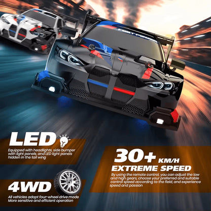 Toy SkidFlux RC Drift Car with LED lights and 4WD capabilities on a dynamic racing background