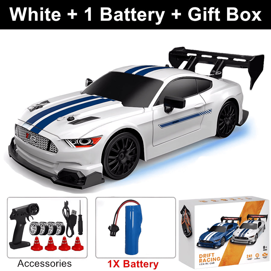 White SkidFlux RC Drift Car with blue stripes, remote control, battery, and packaging on a white background