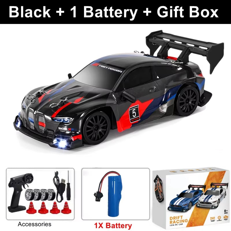 SkidFlux RC Drift Car with accessories and battery on a white background