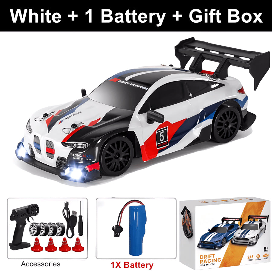 White remote control car with SkidFlux RC Drift Car, battery, and accessories on a white background