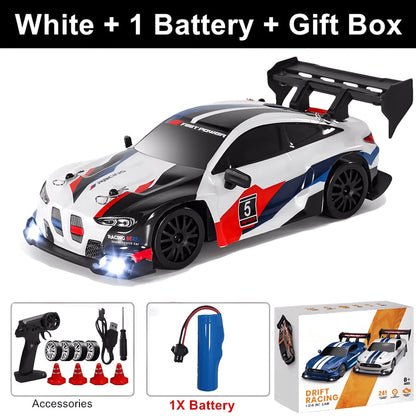 White remote control car with SkidFlux RC Drift Car, battery, and accessories on a white background