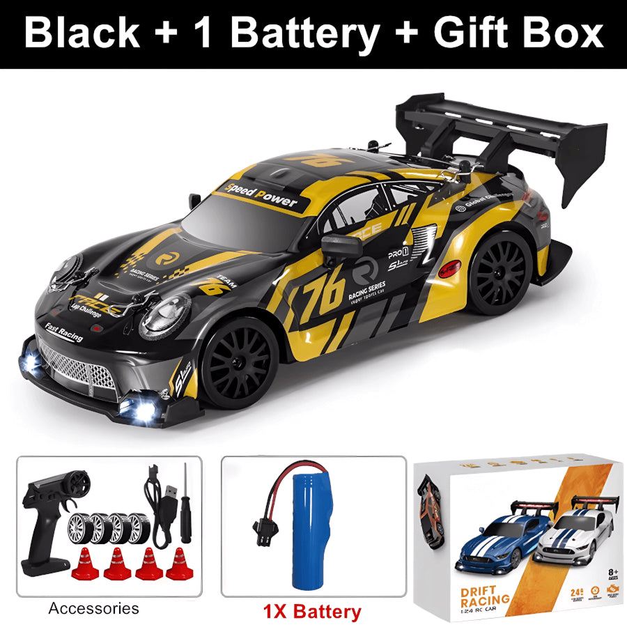 SkidFlux RC Drift Car with accessories and battery on a white background