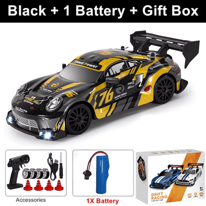 SkidFlux RC Drift Car with accessories and battery on a white background