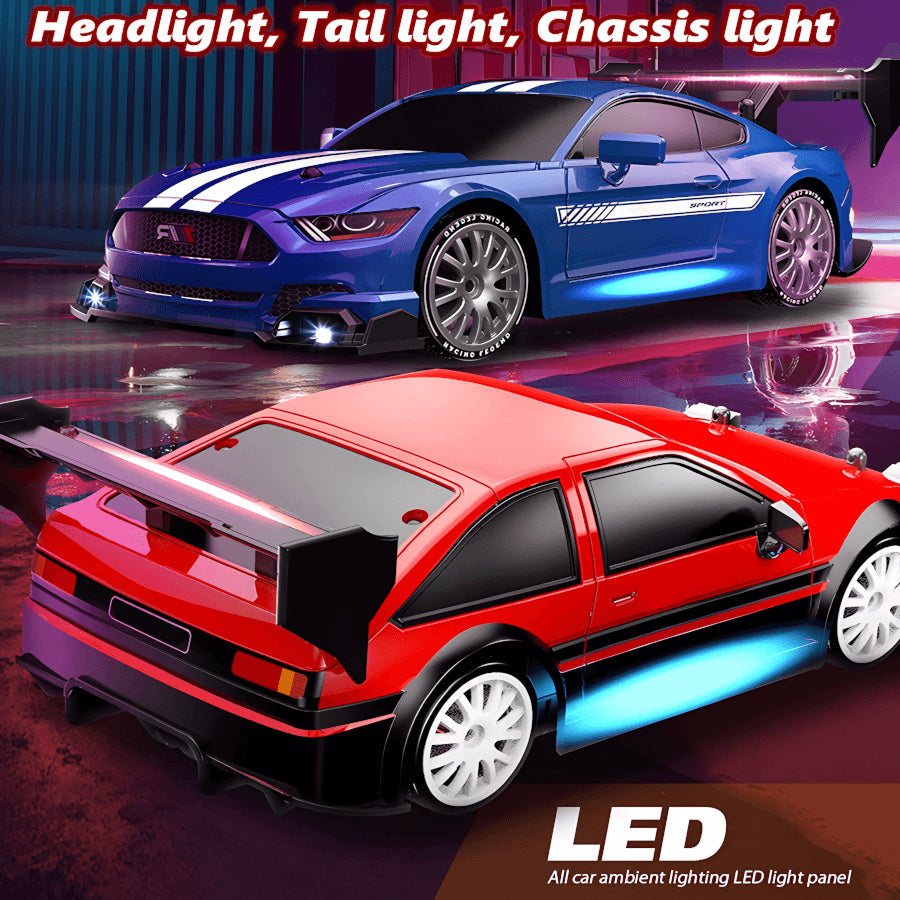 Two toy SkidFlux RC Drift Car, one red and one blue, with illuminated headlights and chassis lights on a reflective surface.