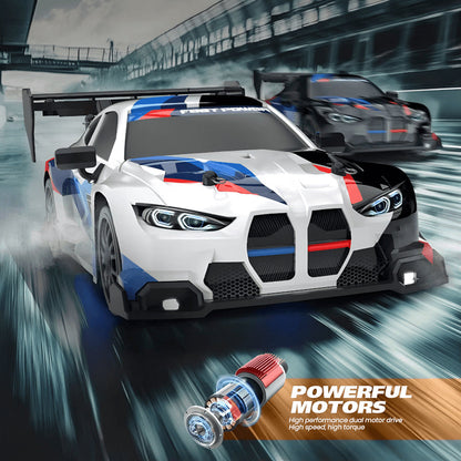Race car with 'Powerful Motors' branding on a racing track background
