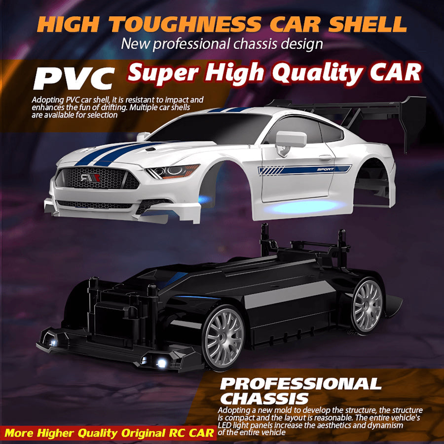 High-toughness SkidFlux RC Drift Car shell with PVC material on a dark background