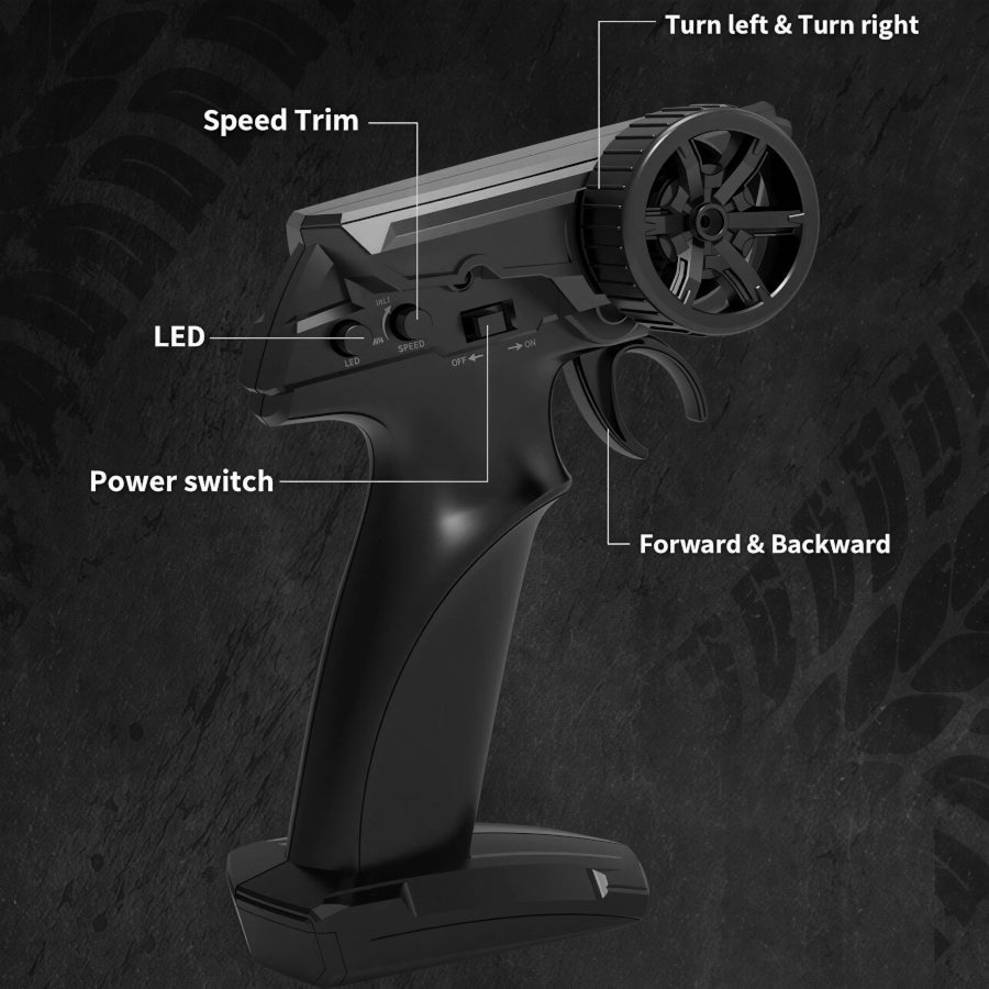 Black remote control with labeled parts on a dark background