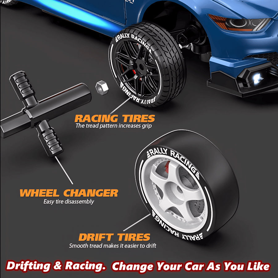 SkidFlux RC Drift Car tire with 'Rally Racing' branding, wheel changer, and text about tire types on a dark background.