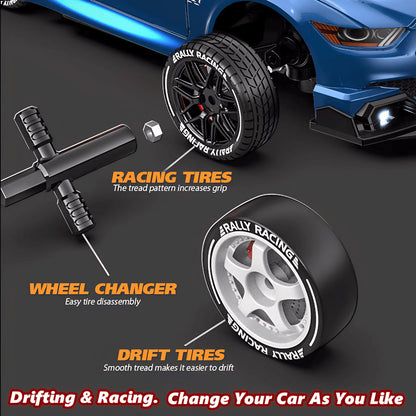 SkidFlux RC Drift Car tire with 'Rally Racing' branding, wheel changer, and text about tire types on a dark background.