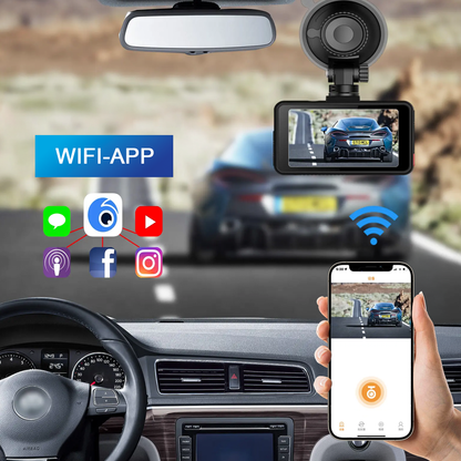 Car dashboard with a rearview Smaven 4K Dash Cam, smartphone displaying app interface, and WiFi-APP label.
