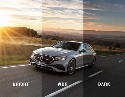 Car driving on a road with 'Bright', 'WDR', and 'Dark' lighting effects displayed.