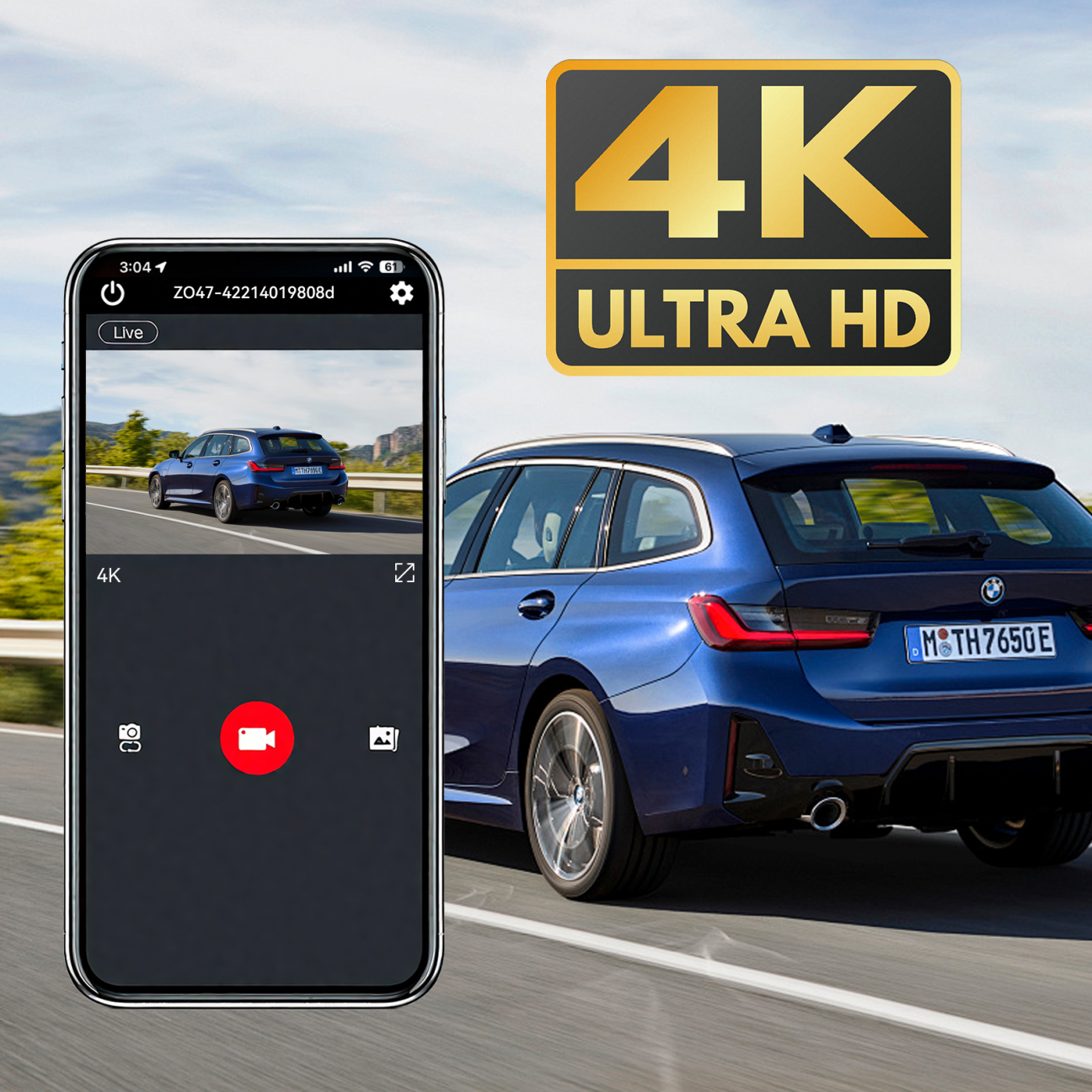 Blue car on a road with a smartphone displaying a 4K video feed and a '4K Ultra HD' logo.