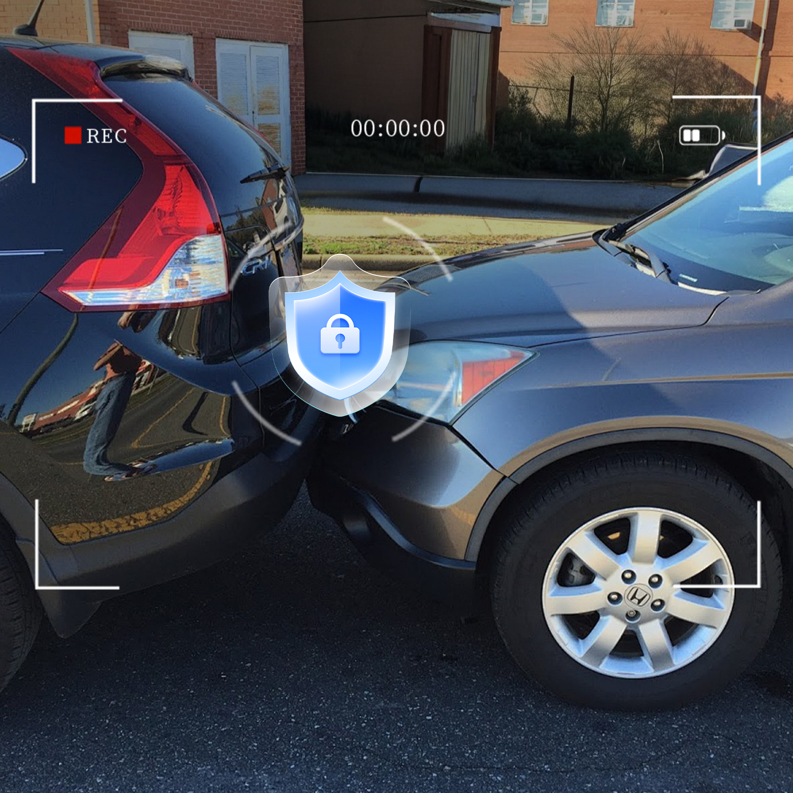 Two cars in an accident with a security shield icon overlay.