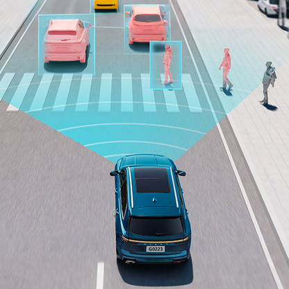 Blue car driving on a road with pedestrian detection system overlay