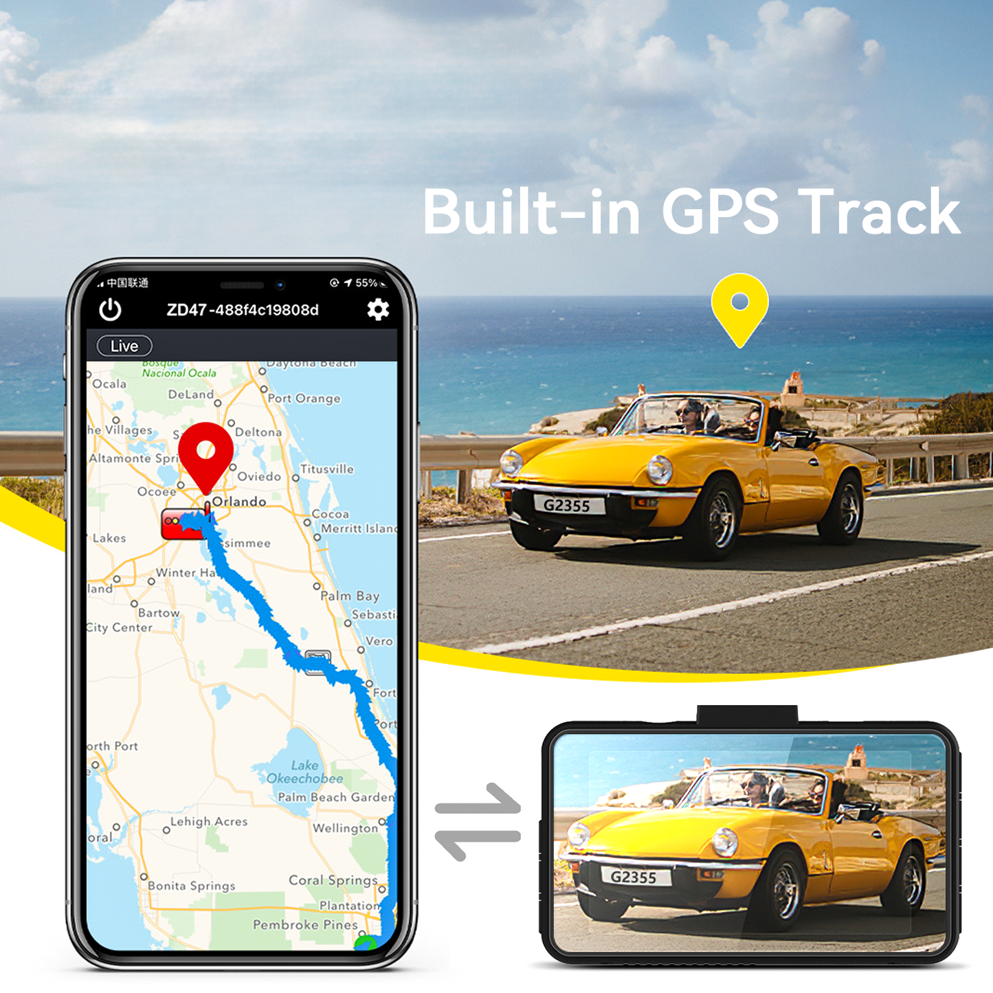 Smartphone with GPS app, yellow car on road, and dashboard display showing built-in GPS track.