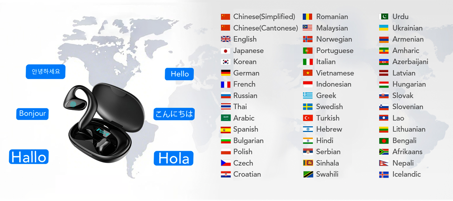 Wireless Smaven AI Translation Earbuds with world map and language names displayed