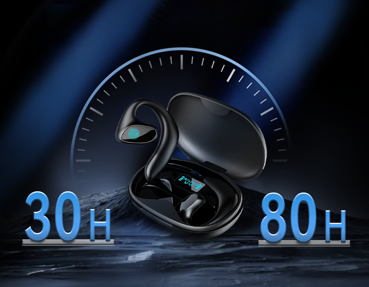 Black wireless Smaven AI Translation Earbuds with charging case on a dark background with blue lighting