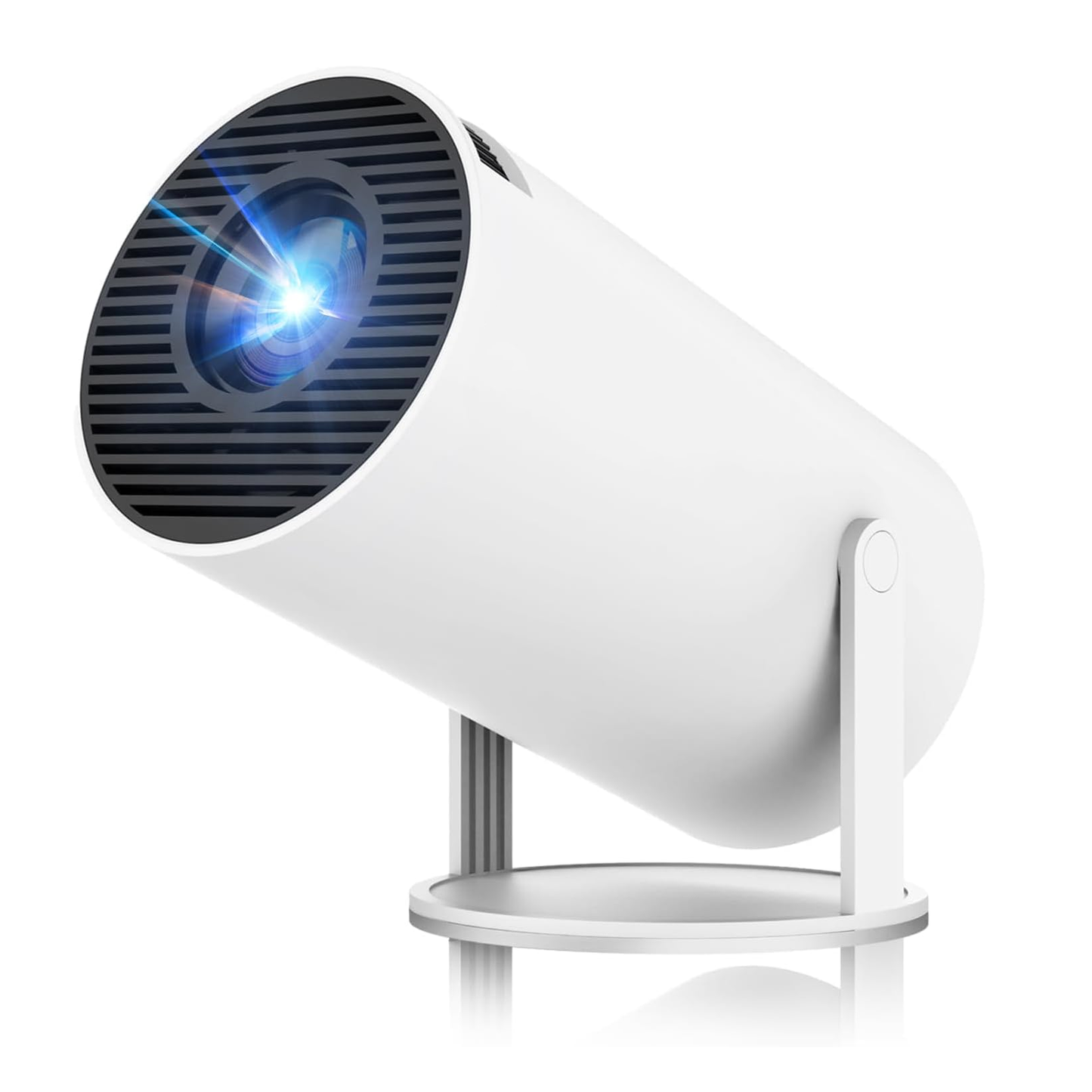 White Smaven Mini Portable Projector with blue light on a white background