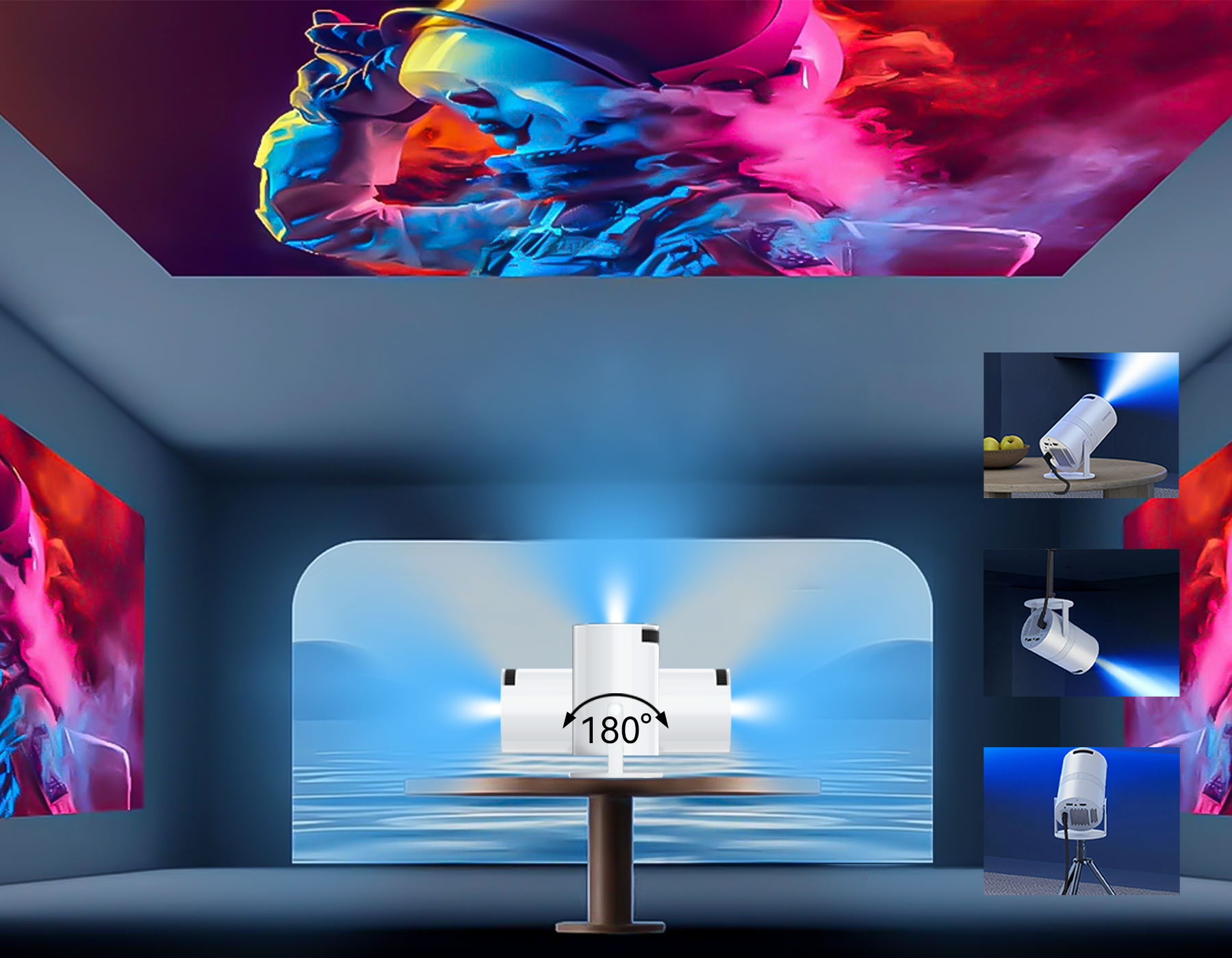 Multimedia setup with a Smaven Mini Portable Projector displaying colorful visuals in a room.