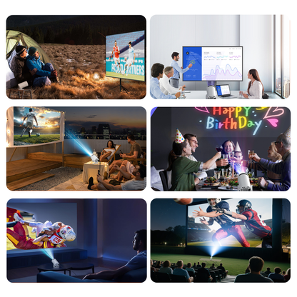 Collage of various scenes showing a TV and Smaven Mini Portable Projector in use, including outdoor, indoor, and sports settings.