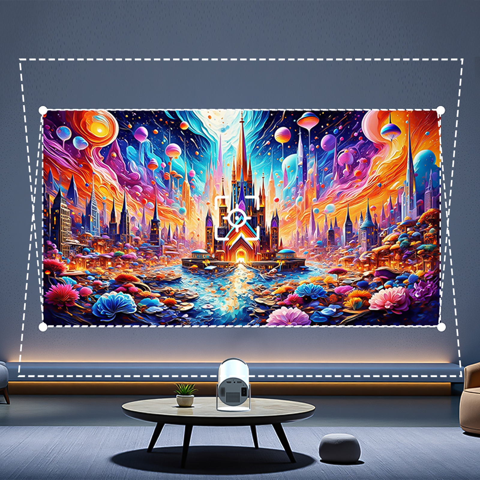 Colorful futuristic cityscape tapestry on a wall with a modern living room setting.