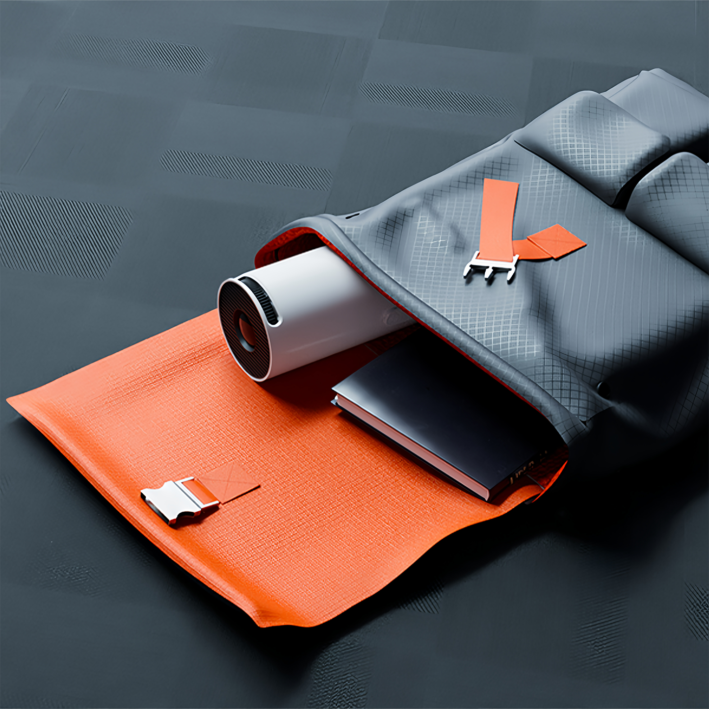 Gray and orange Smaven Mini Portable Projector with accessories on a dark background