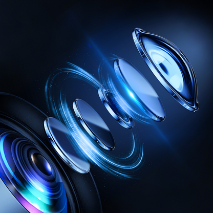 Close-up of a Smaven Mini Portable Projector lens with blue and purple lighting on a dark background