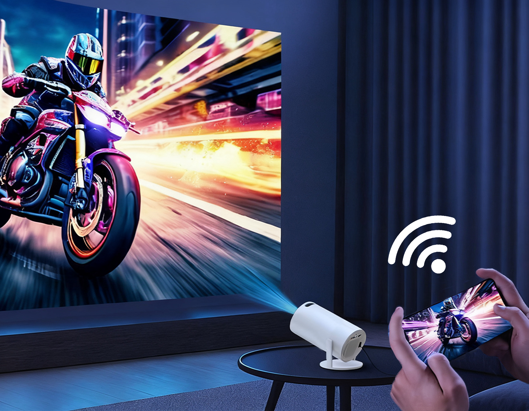 Smartphone projecting a motorcycle video onto a screen with a small white projector.