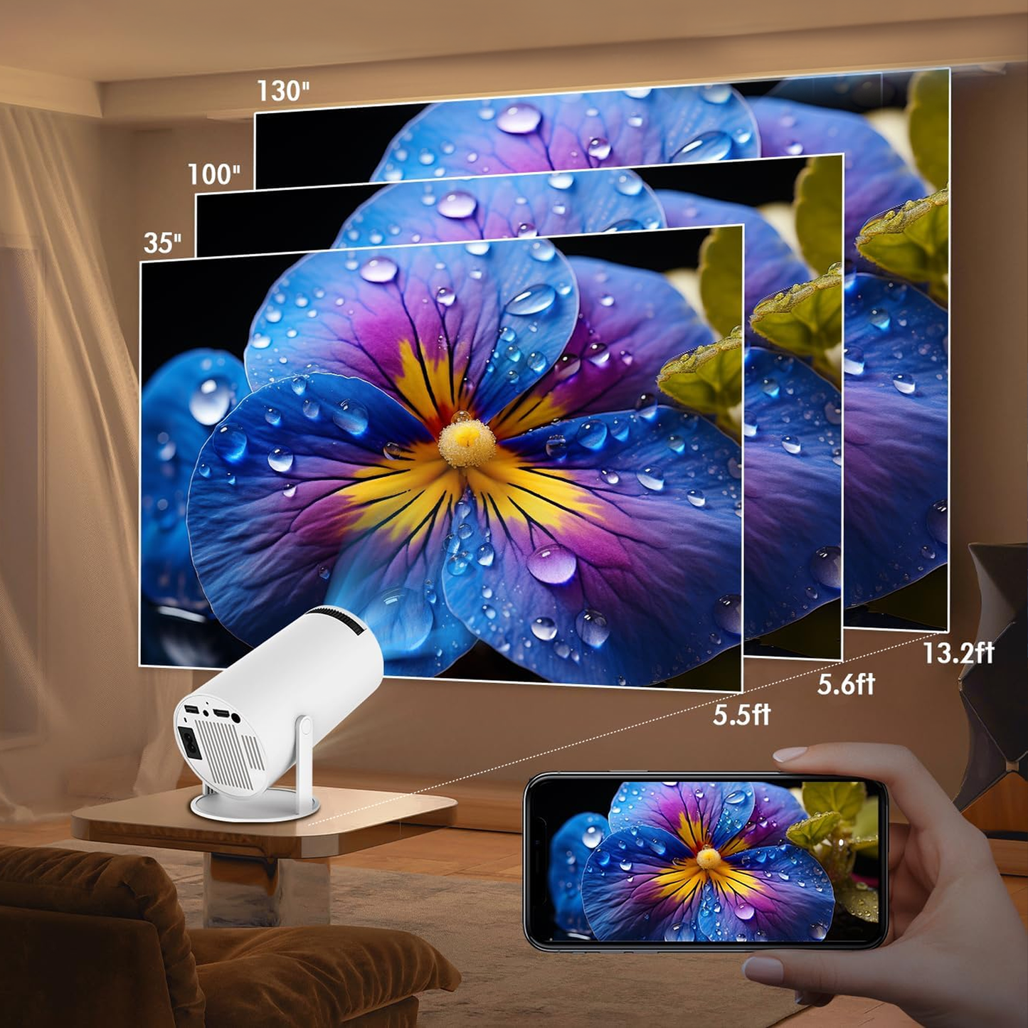 Smaven Mini Portable Projector displaying a colorful flower on a screen, with a smartphone showing the same image.