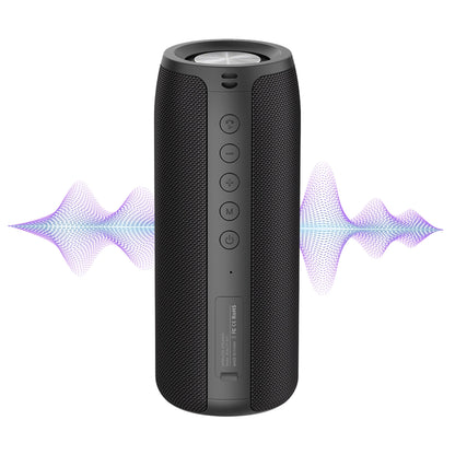 Black Smaven Portable Bluetooth Speaker with sound wave graphics on a white background