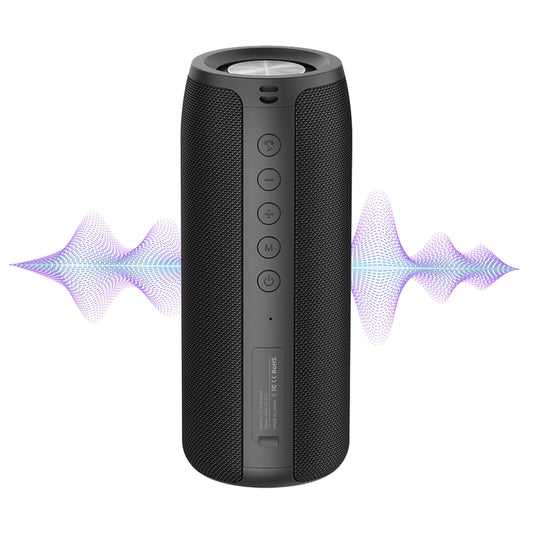 Black Smaven Portable Bluetooth Speaker with sound wave graphics on a white background