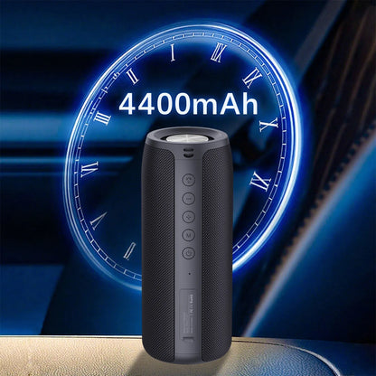 Black power Smaven Portable Bluetooth Speaker with 4400mAh capacity displayed on a blue background with clock design.