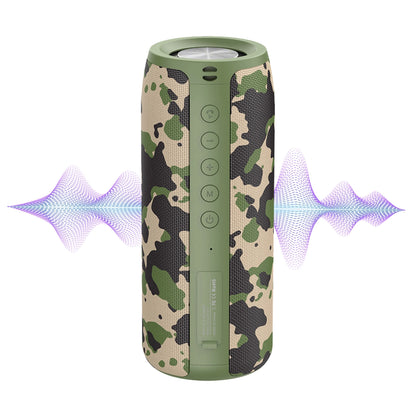 Camouflage-patterned Smaven Portable Bluetooth Speaker with sound waves on a white background