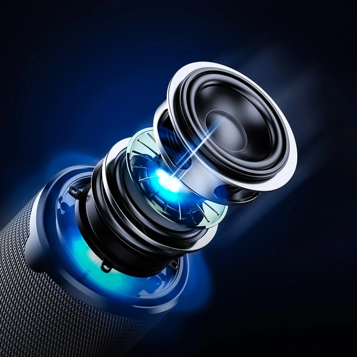 Close-up of a high-tech Smaven Portable Bluetooth Speaker with a lens and blue light on a dark background