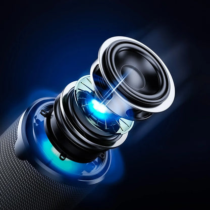 Close-up of a high-tech Smaven Portable Bluetooth Speaker with a lens and blue light on a dark background